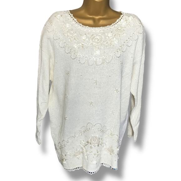 Vintage Colleen’s Collectables Embroidered Beaded Sweater L Ivory Floral - Picture 1 of 10